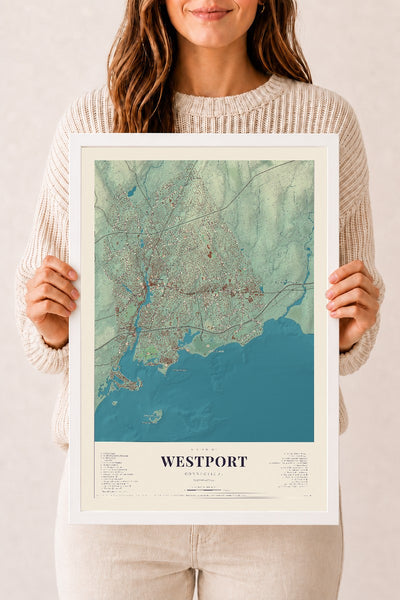 Westport, Connecticut map print, 12" x 18", W/ White Ayous Wood Frame