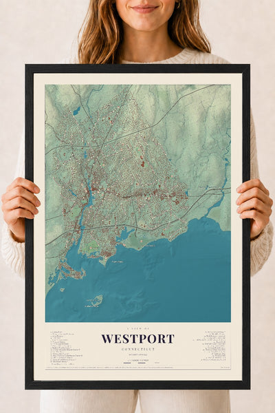 Westport, Connecticut map print, 18" x 24", W/ Black Ayous Wood Frame