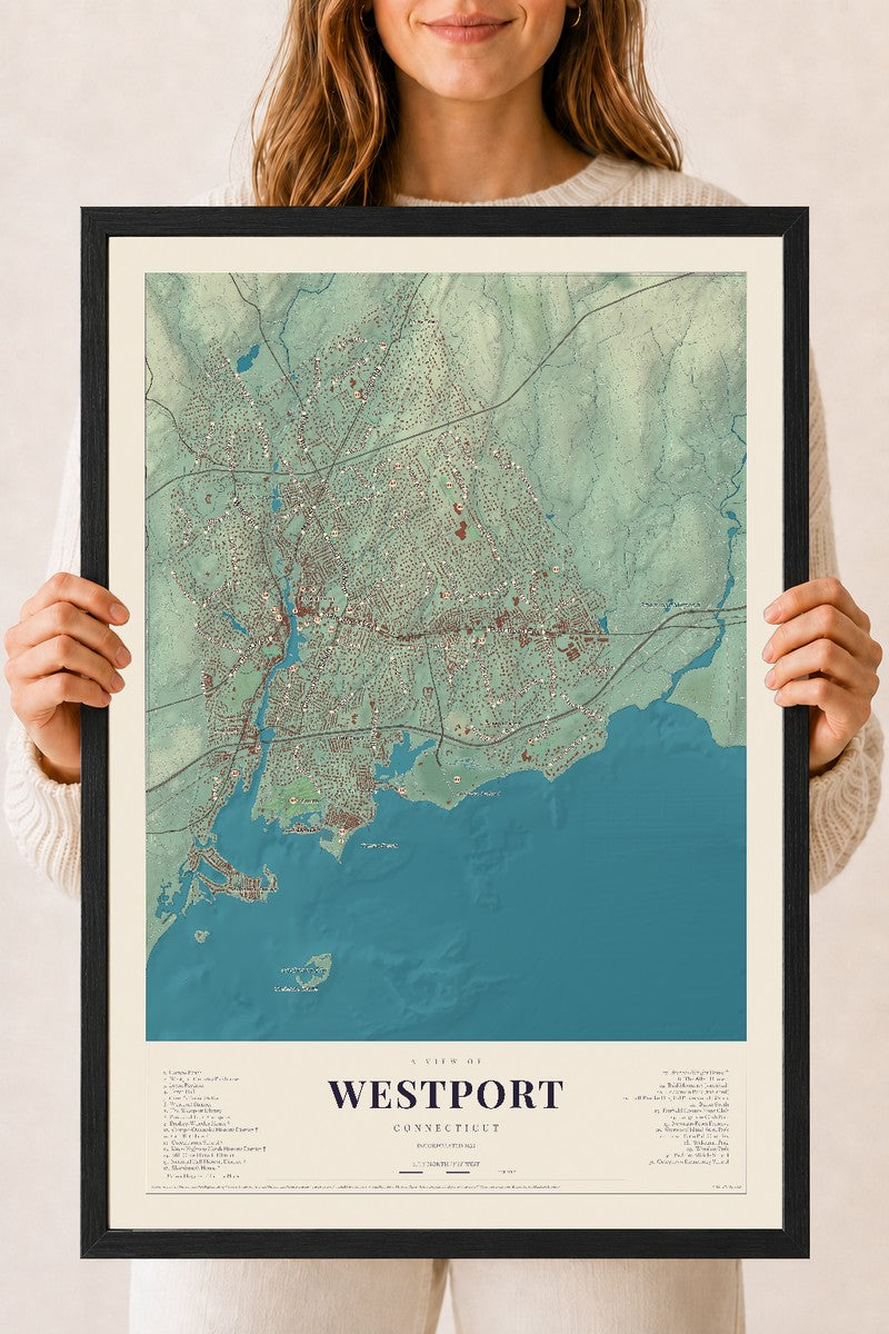 Westport, Connecticut map print, 18" x 24", W/ Black Ayous Wood Frame