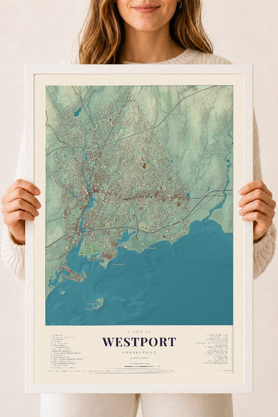 Westport, Connecticut map print, 18" x 24", W/ White Ayous Wood Frame