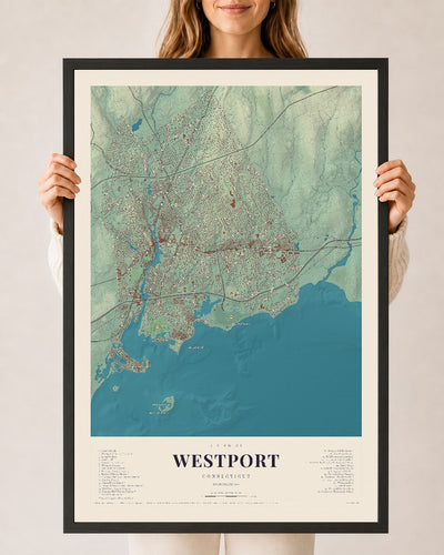 Westport, Connecticut map print, 24" x 36", W/ Black Ayous Wood Frame
