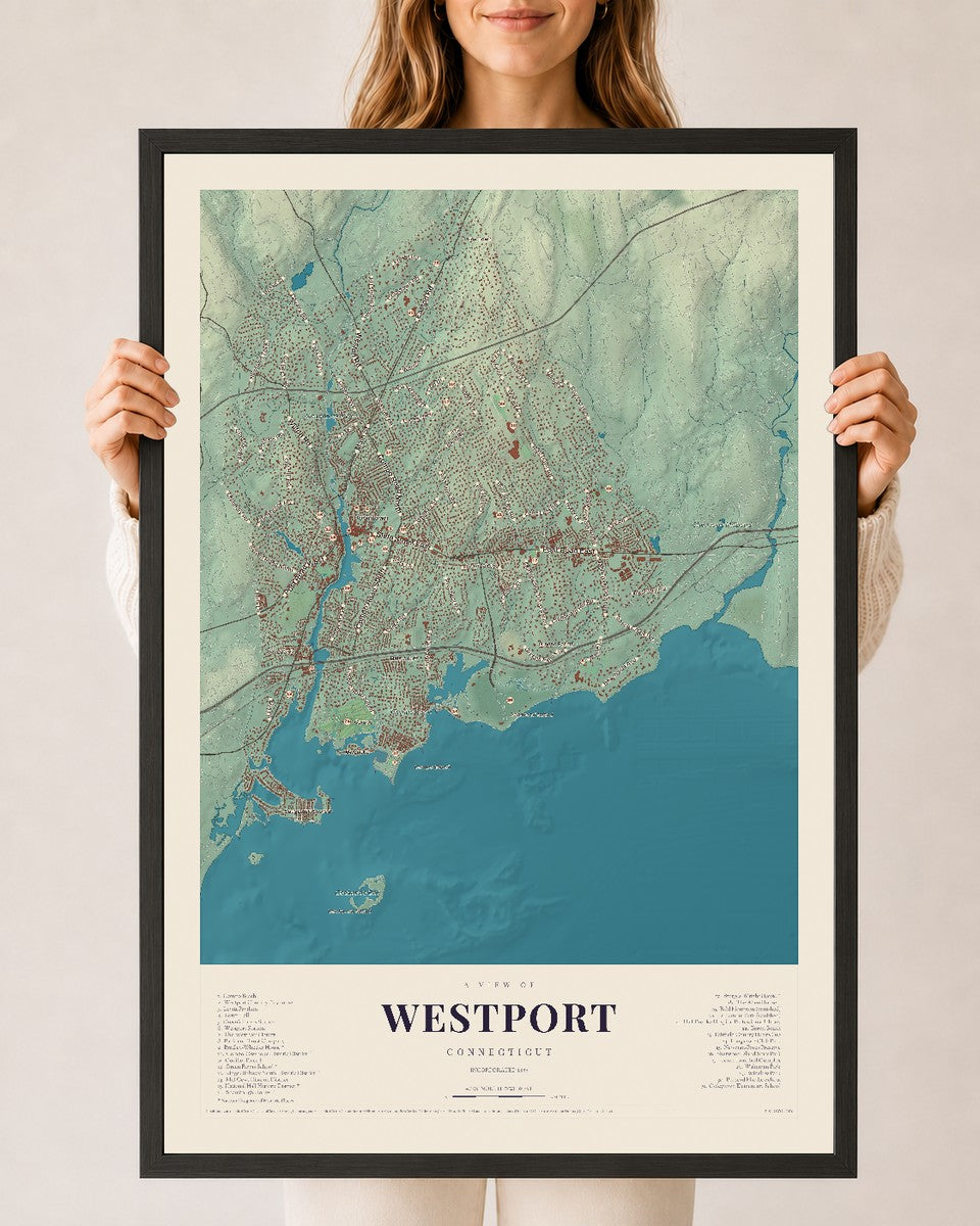 Westport, Connecticut map print, 24" x 36", W/ Black Ayous Wood Frame