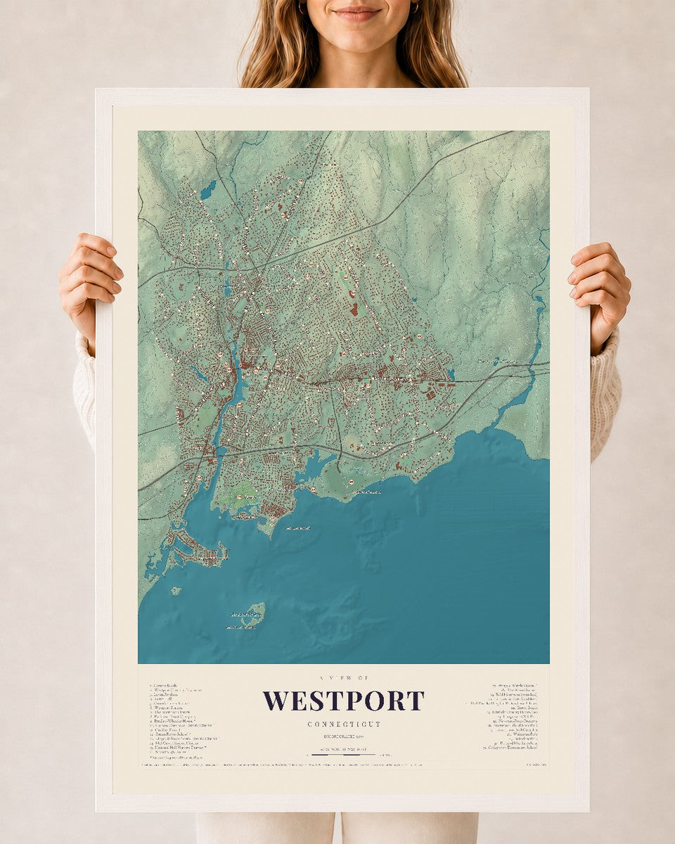 Westport, Connecticut map print, 24" x 36", W/ White Ayous Wood Frame