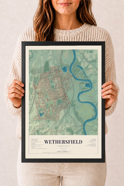 Wethersfield, Connecticut map print, 12" x 18", W/ Black Ayous Wood Frame