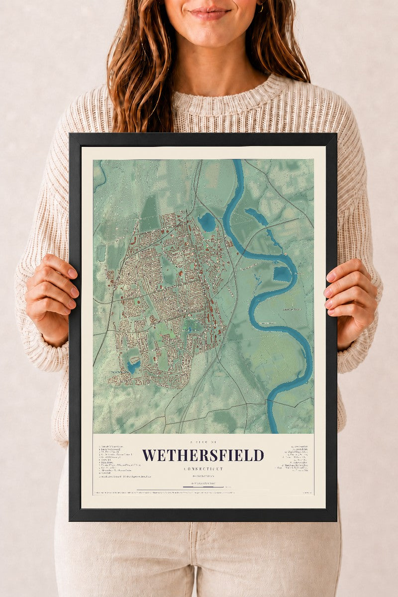 Wethersfield, Connecticut map print, 12" x 18", W/ Black Ayous Wood Frame