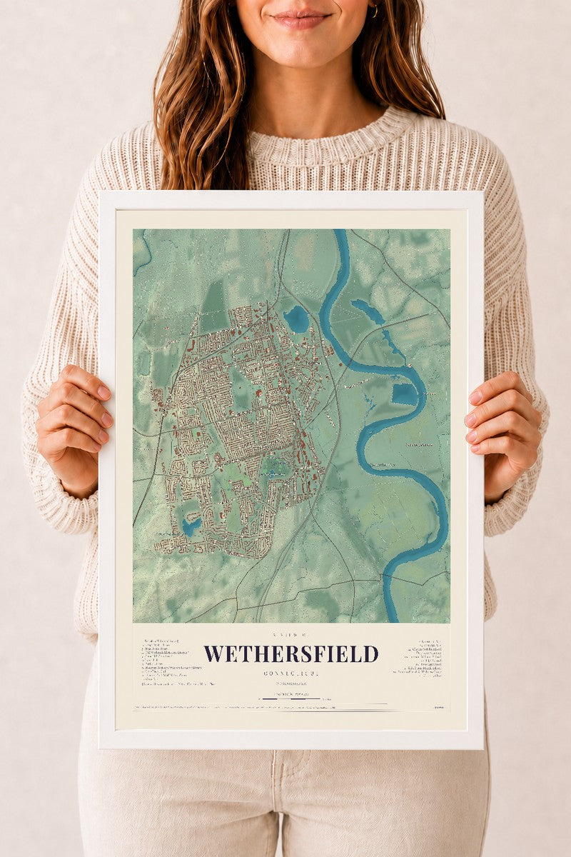 Wethersfield, Connecticut map print, 12" x 18", W/ White Ayous Wood Frame