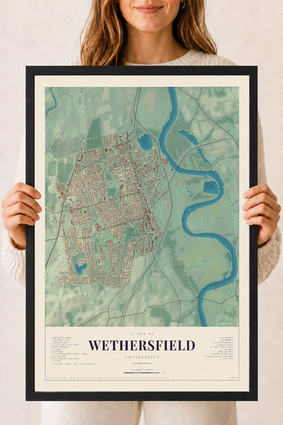 Wethersfield, Connecticut map print, 18" x 24", W/ Black Ayous Wood Frame