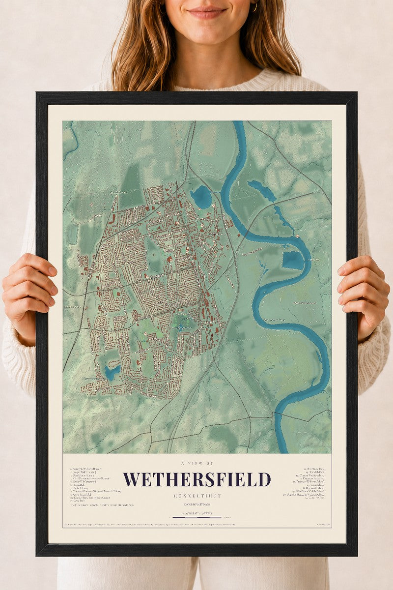 Wethersfield, Connecticut map print, 18" x 24", W/ Black Ayous Wood Frame