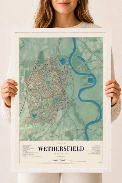 Wethersfield, Connecticut map print, 18" x 24", W/ White Ayous Wood Frame
