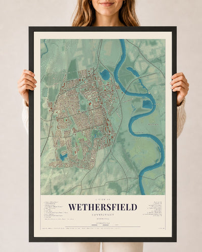 Wethersfield, Connecticut map print, 24" x 36", W/ Black Ayous Wood Frame