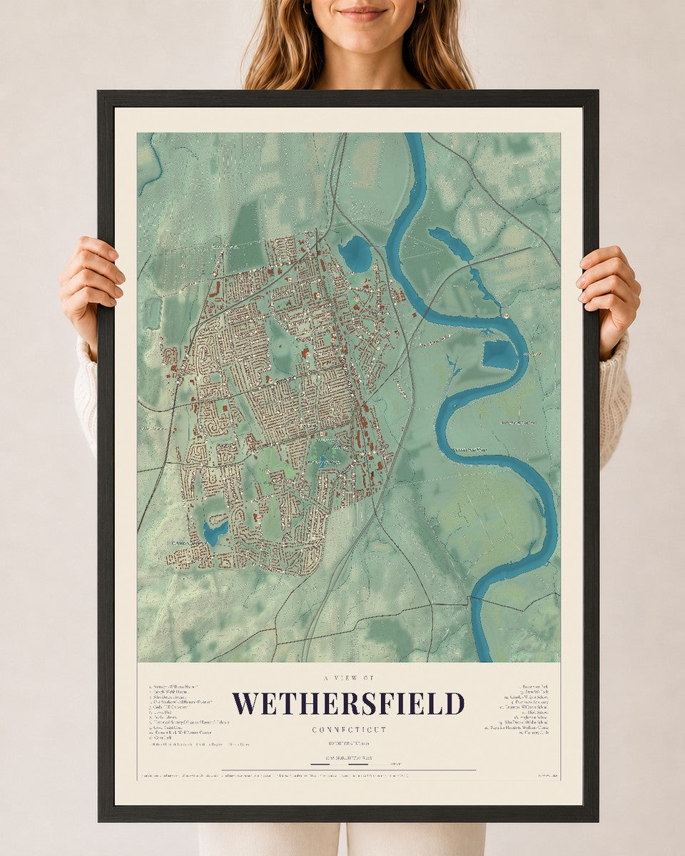 Wethersfield, Connecticut map print, 24" x 36", W/ Black Ayous Wood Frame