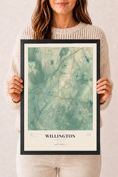 Willington, Connecticut map print, 12" x 18", W/ Black Ayous Wood Frame