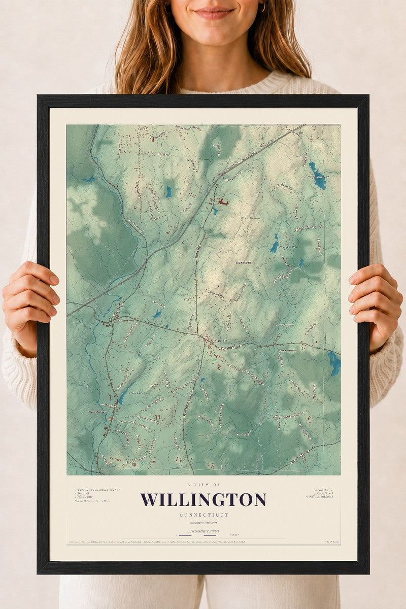 Willington, Connecticut map print, 18" x 24", W/ Black Ayous Wood Frame