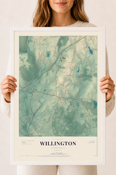 Willington, Connecticut map print, 18" x 24", W/ White Ayous Wood Frame