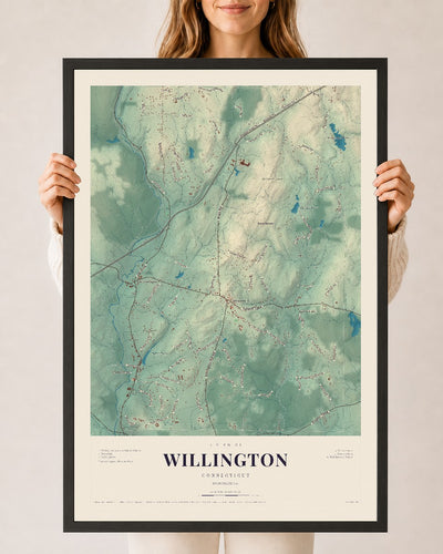 Willington, Connecticut map print, 24" x 36", W/ Black Ayous Wood Frame