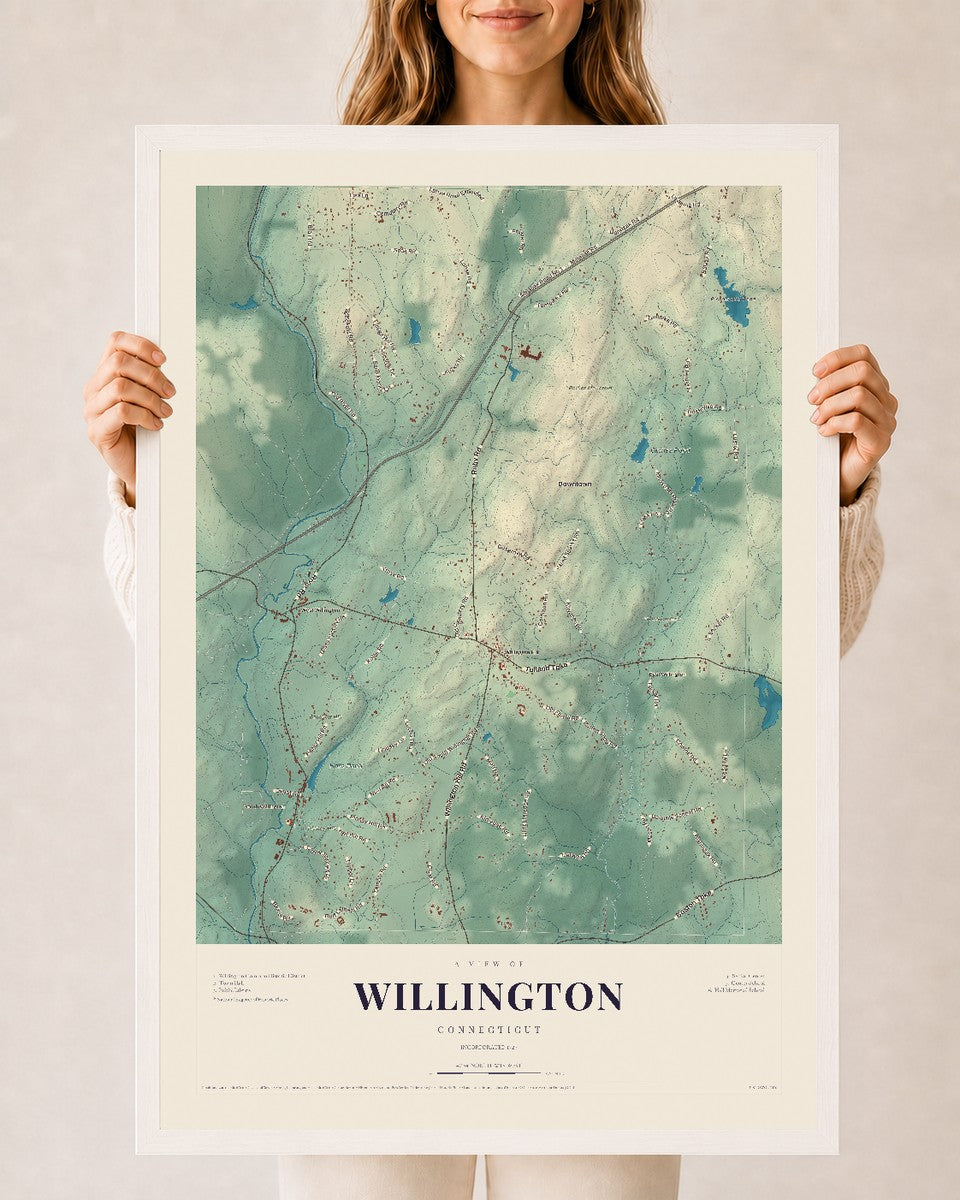 Willington, Connecticut map print, 24" x 36", W/ White Ayous Wood Frame