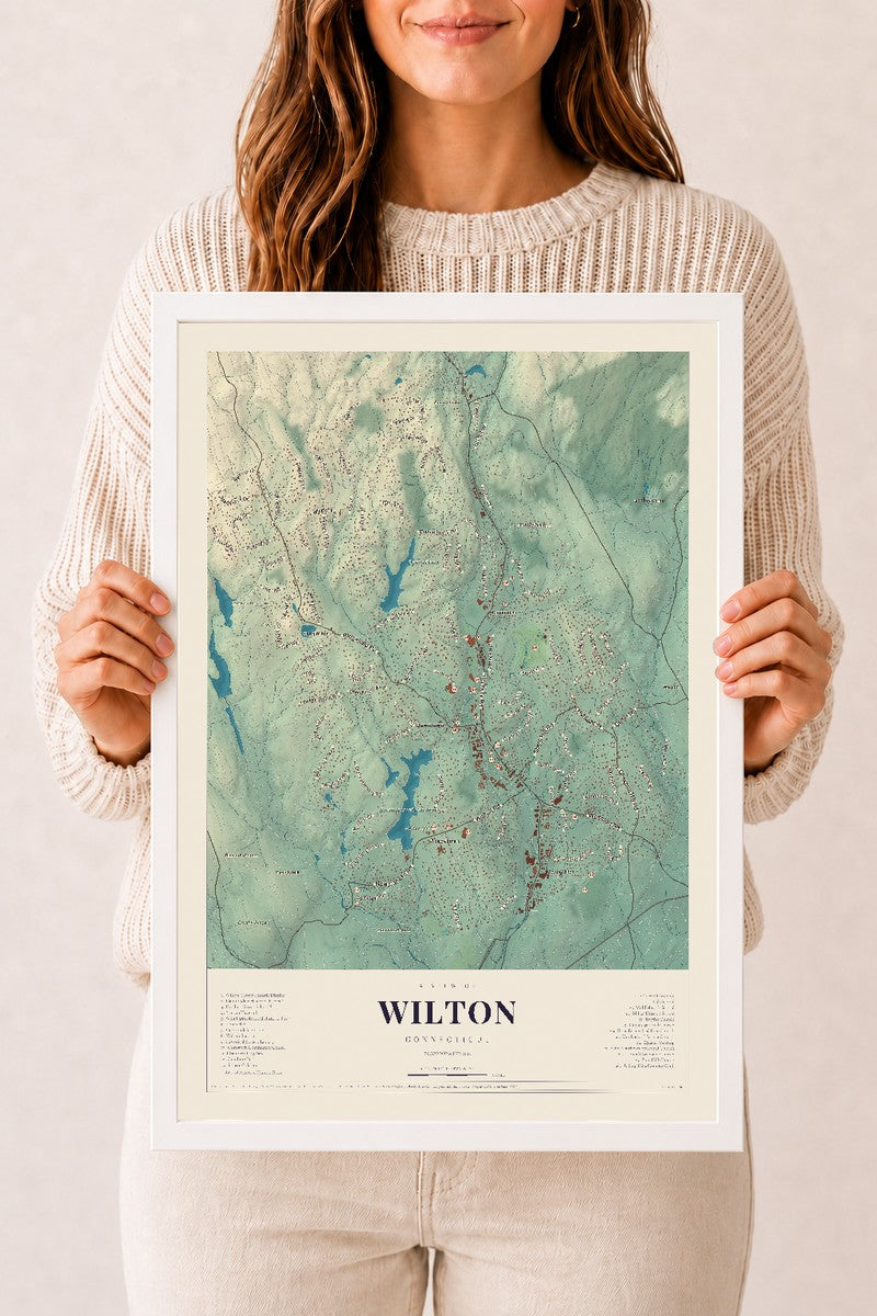 Wilton, Connecticut map print, 12" x 18", W/ White Ayous Wood Frame
