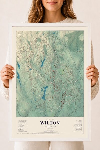 Wilton, Connecticut map print, 18" x 24", W/ White Ayous Wood Frame