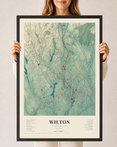 Wilton, Connecticut map print, 24" x 36", W/ Black Ayous Wood Frame