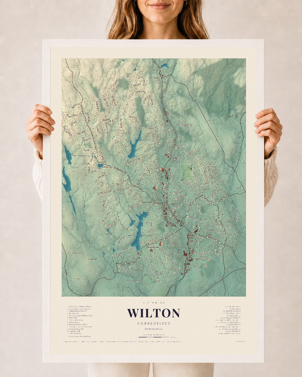 Wilton, Connecticut map print, 24" x 36", W/ White Ayous Wood Frame