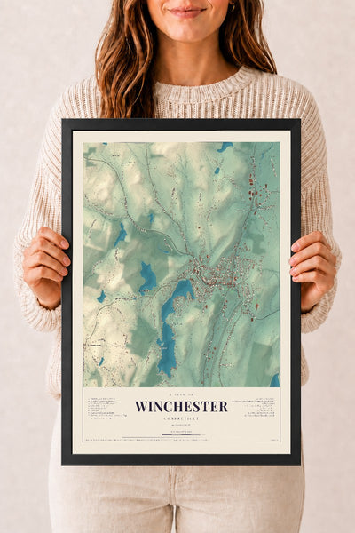 Winchester, Connecticut map print, 12" x 18", W/ Black Ayous Wood Frame