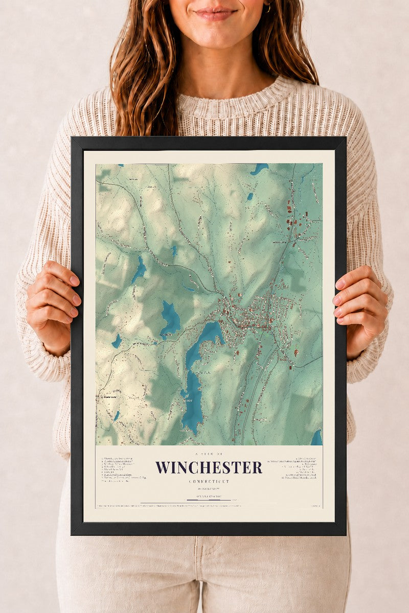 Winchester, Connecticut map print, 12" x 18", W/ Black Ayous Wood Frame