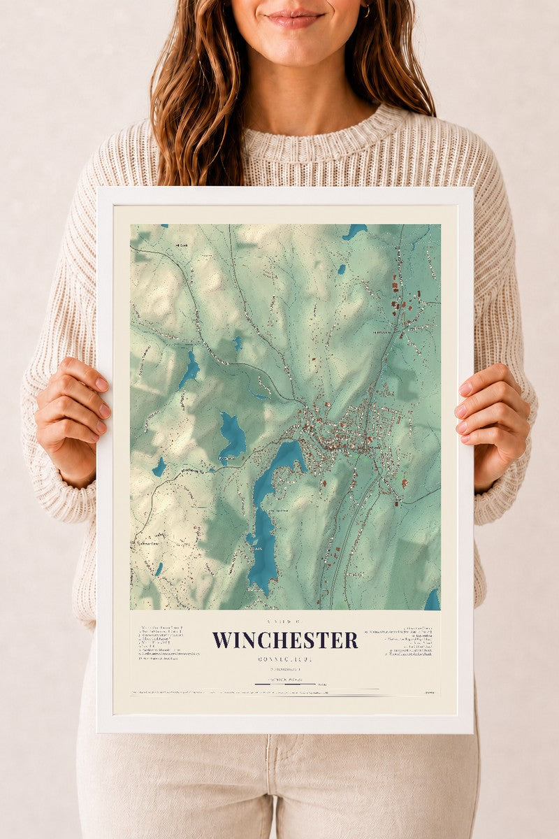 Winchester, Connecticut map print, 12" x 18", W/ White Ayous Wood Frame