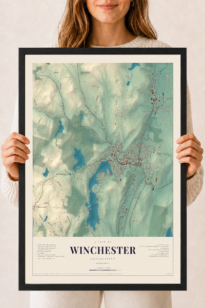 Winchester, Connecticut map print, 18" x 24", W/ Black Ayous Wood Frame