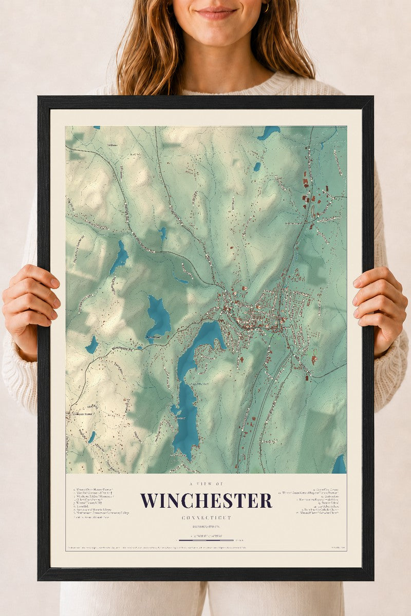 Winchester, Connecticut map print, 18" x 24", W/ Black Ayous Wood Frame