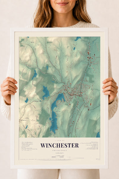 Winchester, Connecticut map print, 18" x 24", W/ White Ayous Wood Frame