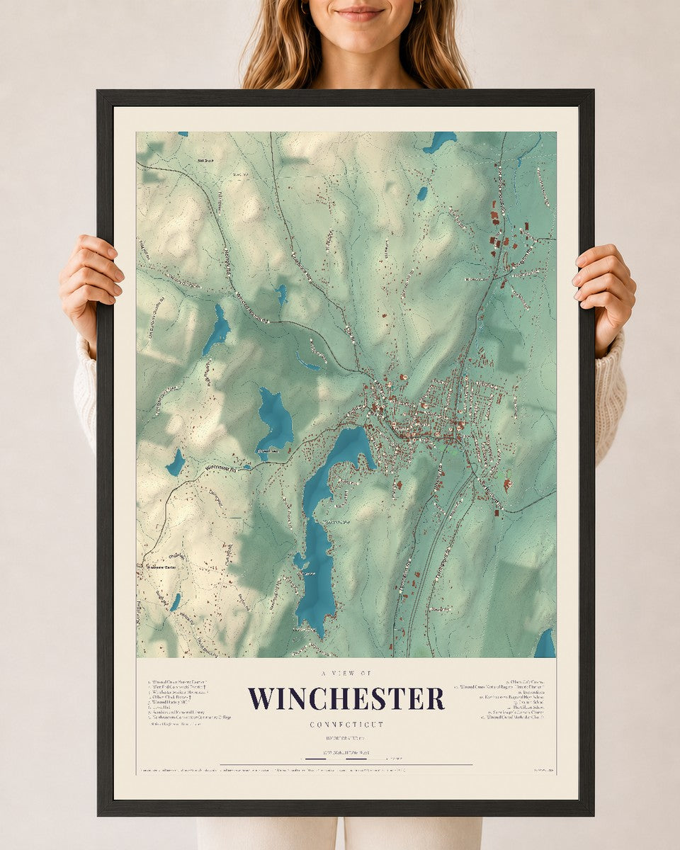 Winchester, Connecticut map print, 24" x 36", W/ Black Ayous Wood Frame