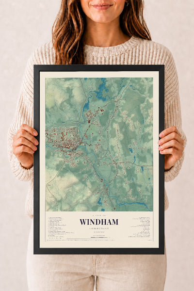 Windham, Connecticut map print, 12" x 18", W/ Black Ayous Wood Frame