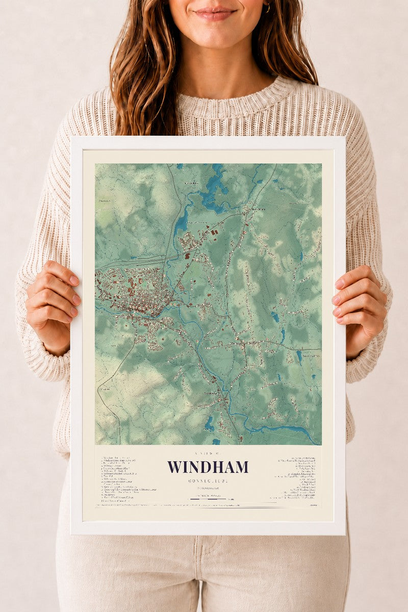 Windham, Connecticut map print, 12" x 18", W/ White Ayous Wood Frame