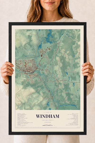 Windham, Connecticut map print, 18" x 24", W/ Black Ayous Wood Frame