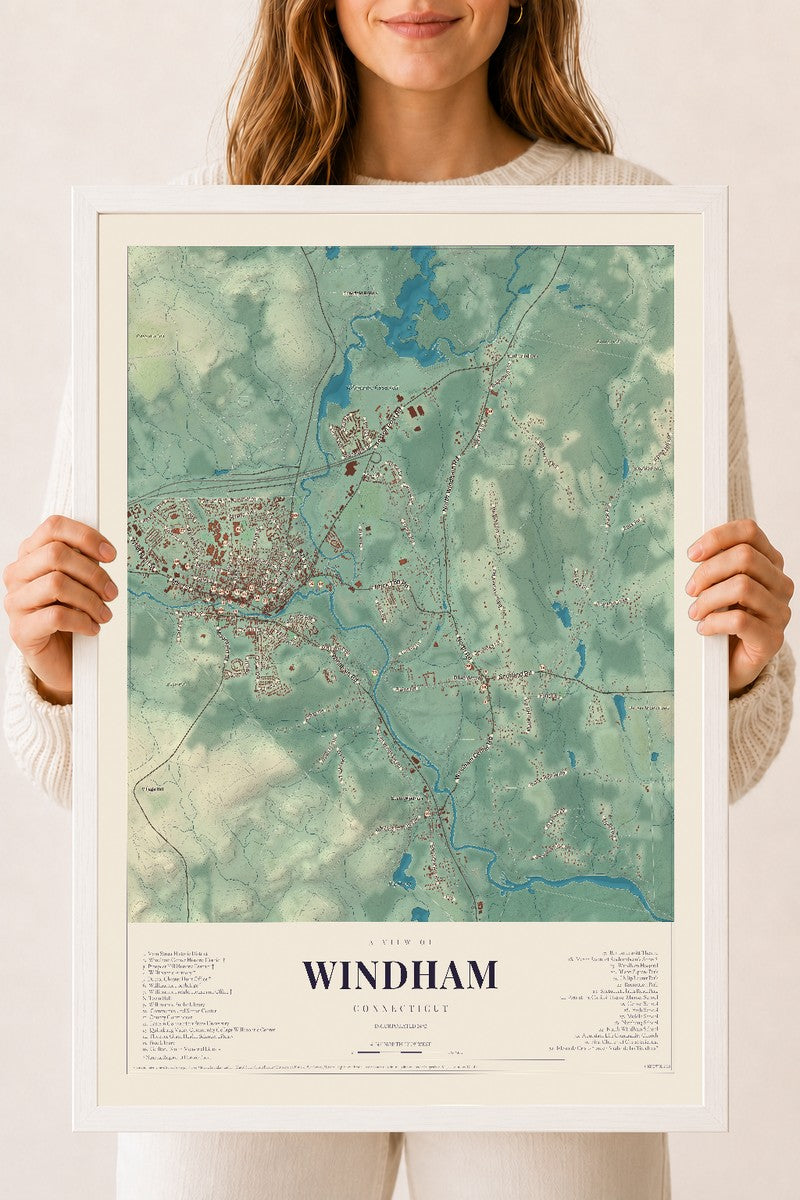 Windham, Connecticut map print, 18" x 24", W/ White Ayous Wood Frame