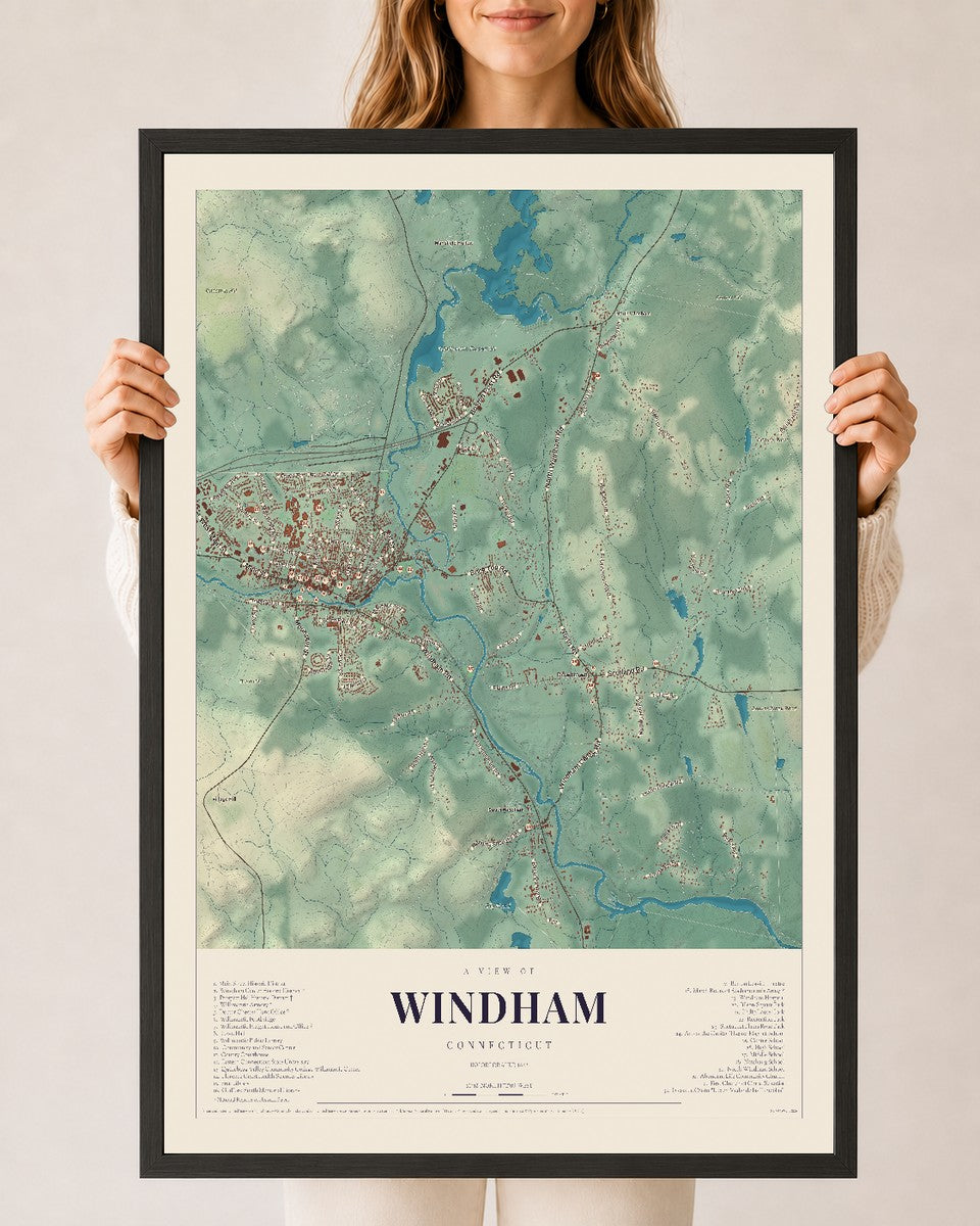 Windham, Connecticut map print, 24" x 36", W/ Black Ayous Wood Frame