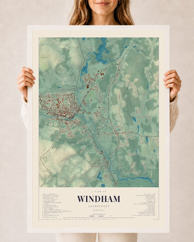 Windham, Connecticut map print, 24" x 36", W/ White Ayous Wood Frame