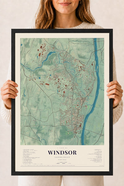 Windsor, Connecticut map print, 18" x 24", W/ Black Ayous Wood Frame