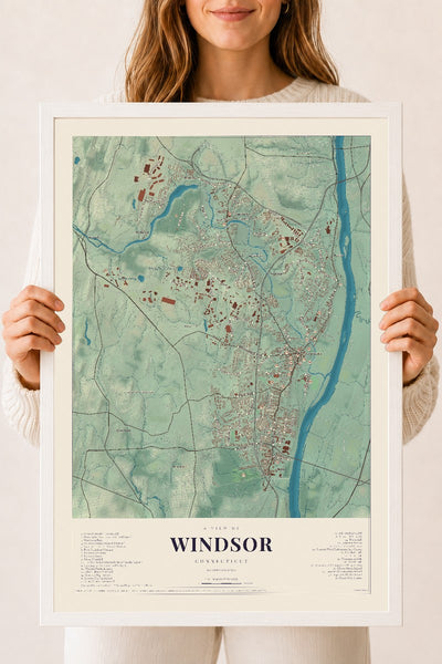Windsor, Connecticut map print, 18" x 24", W/ White Ayous Wood Frame
