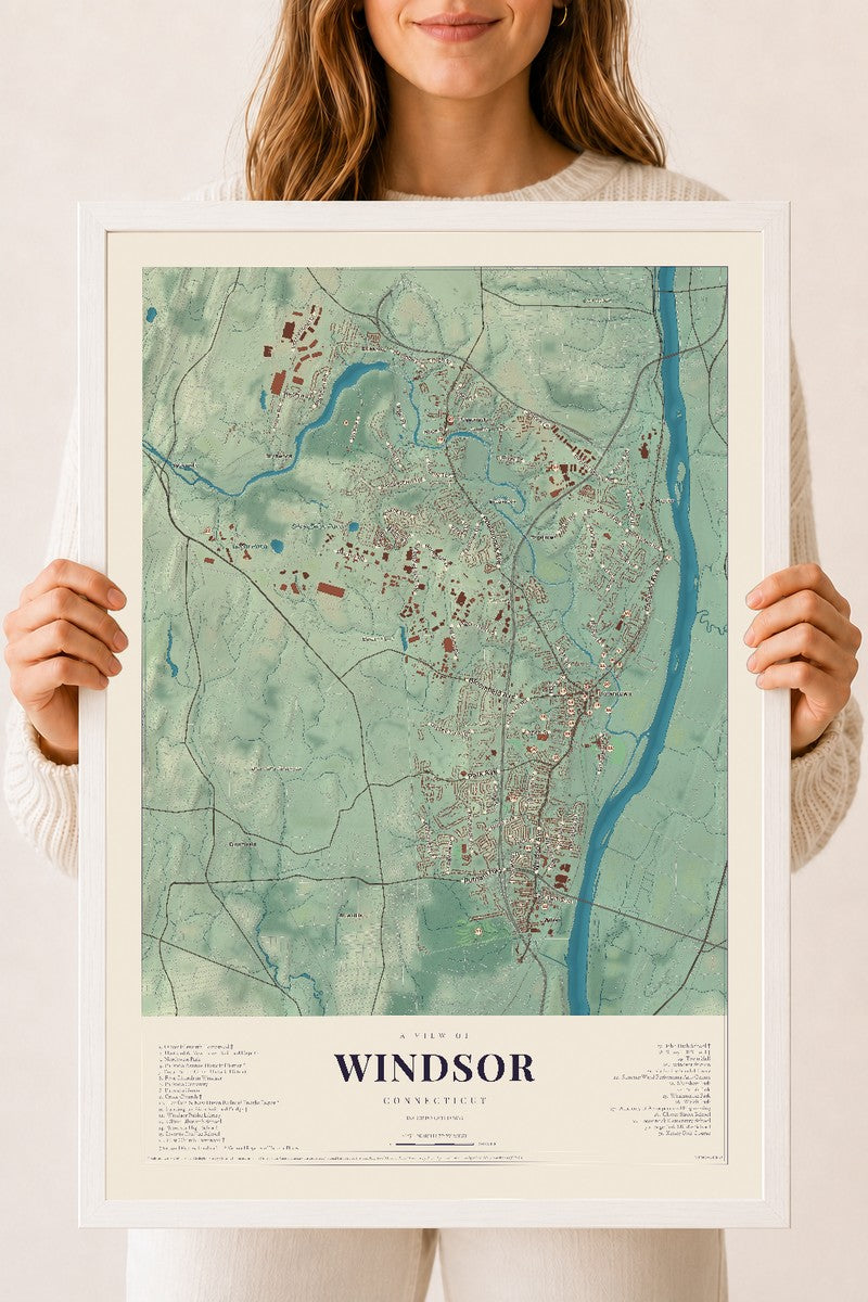 Windsor, Connecticut map print, 18" x 24", W/ White Ayous Wood Frame