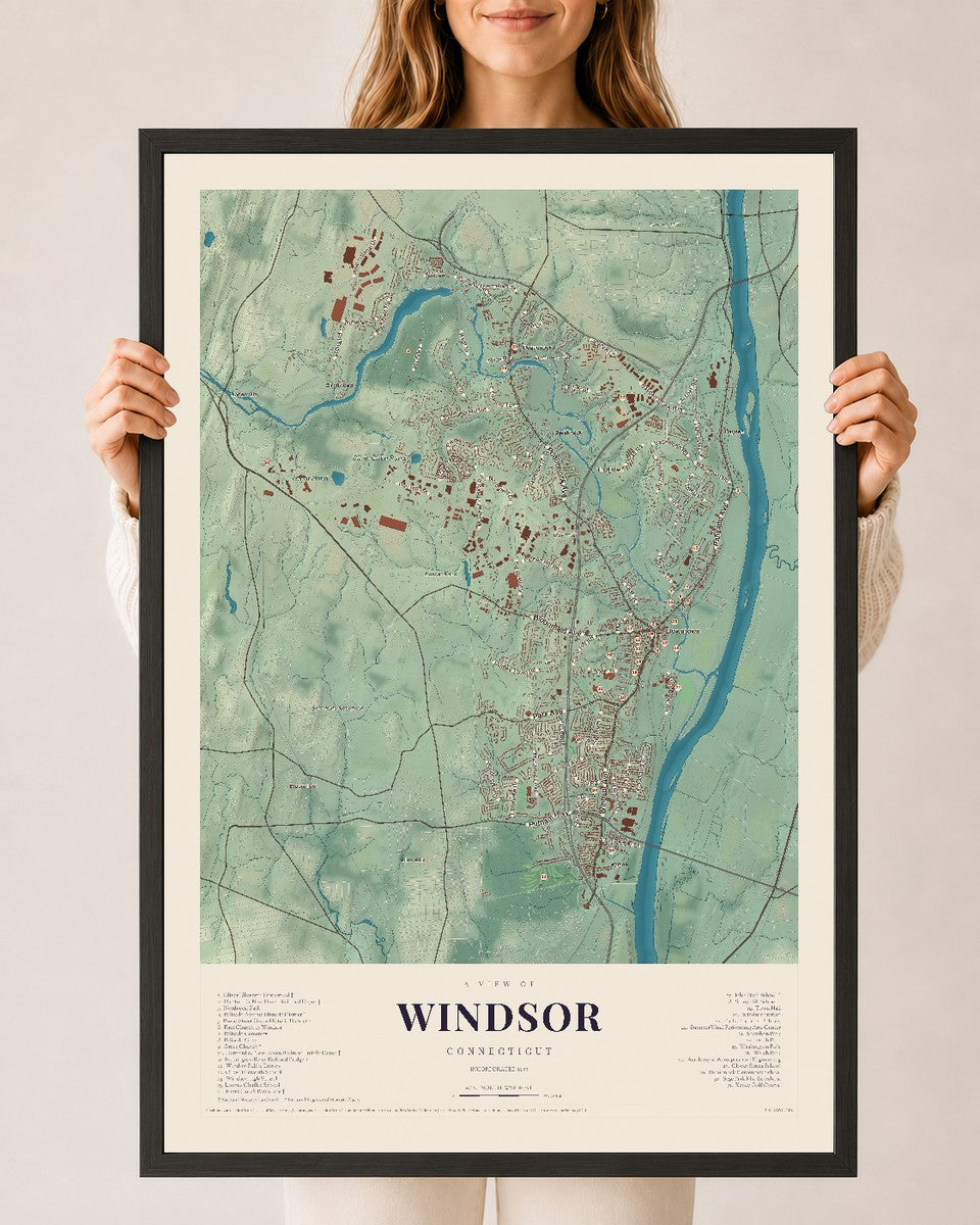 Windsor, Connecticut map print, 24" x 36", W/ Black Ayous Wood Frame