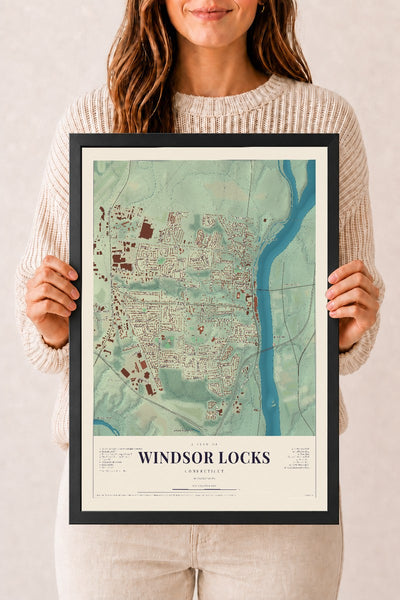 Windsor Locks, Connecticut map print, 12" x 18", W/ Black Ayous Wood Frame