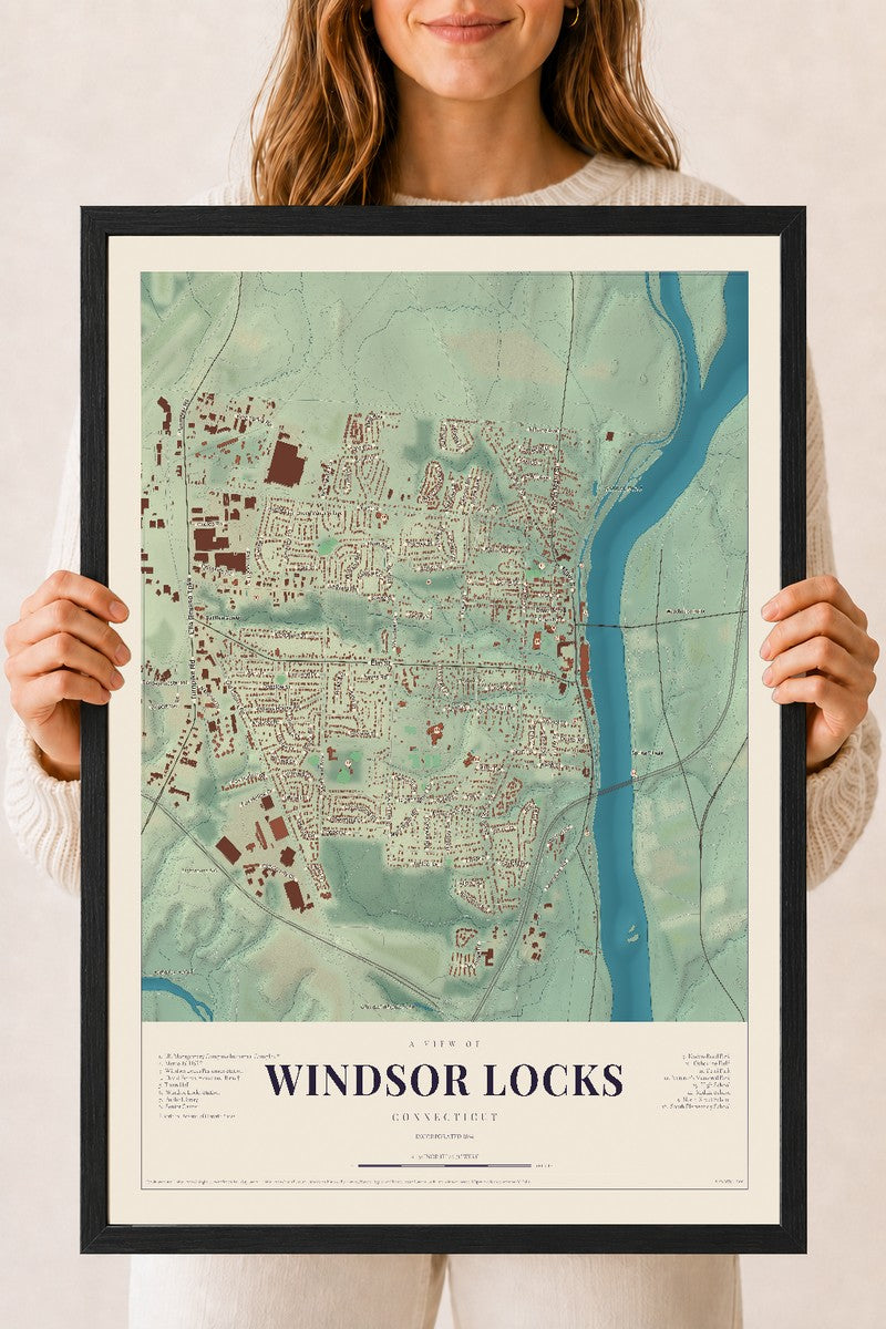 Windsor Locks, Connecticut map print, 18" x 24", W/ Black Ayous Wood Frame