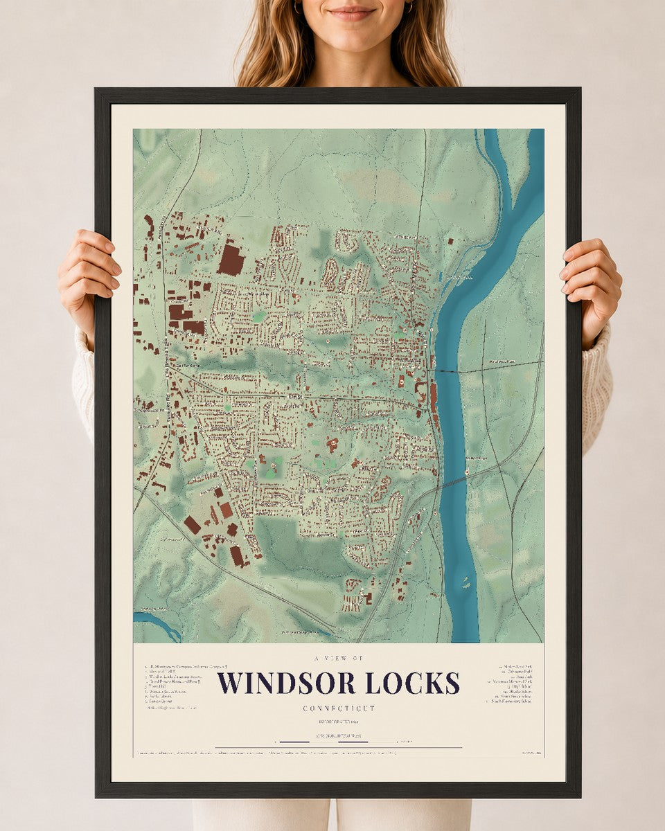 Windsor Locks, Connecticut map print, 24" x 36", W/ Black Ayous Wood Frame
