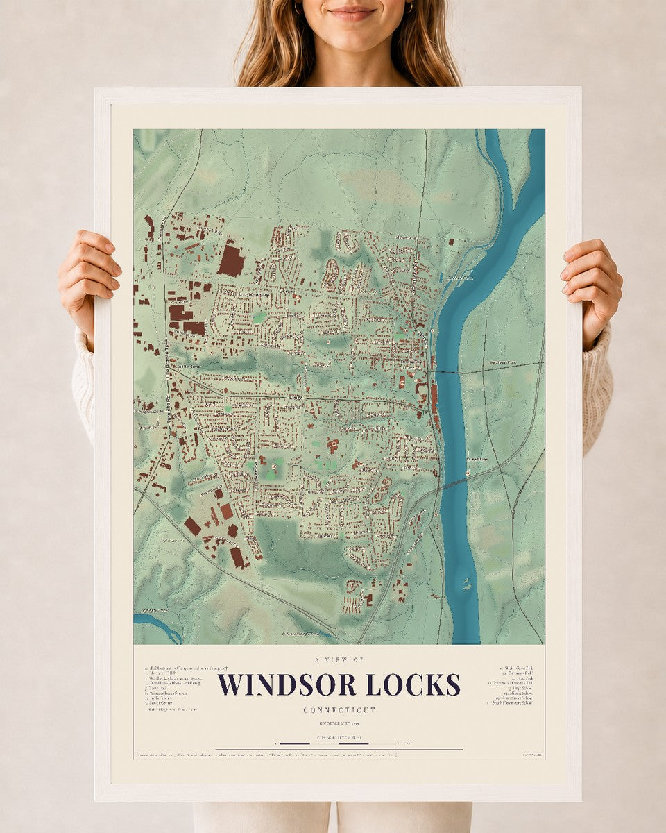 Windsor Locks, Connecticut map print, 24" x 36", W/ White Ayous Wood Frame
