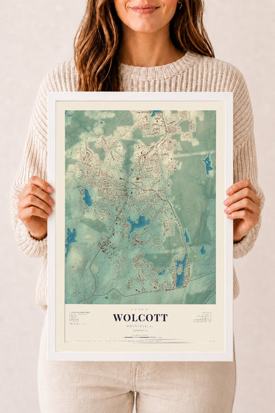 Wolcott, Connecticut map print, 12" x 18", W/ White Ayous Wood Frame