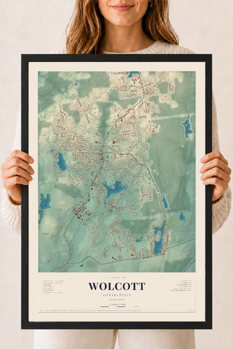 Wolcott, Connecticut map print, 18" x 24", W/ Black Ayous Wood Frame