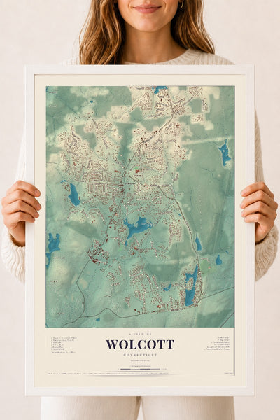 Wolcott, Connecticut map print, 18" x 24", W/ White Ayous Wood Frame
