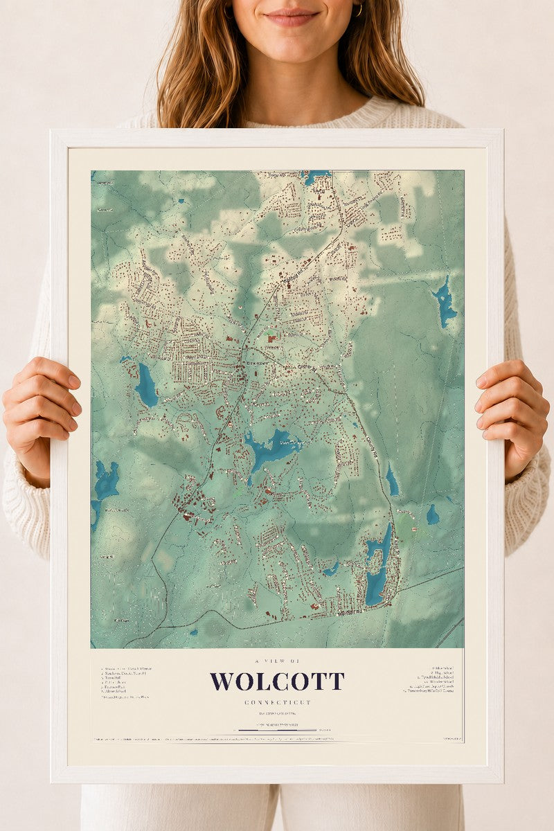 Wolcott, Connecticut map print, 18" x 24", W/ White Ayous Wood Frame