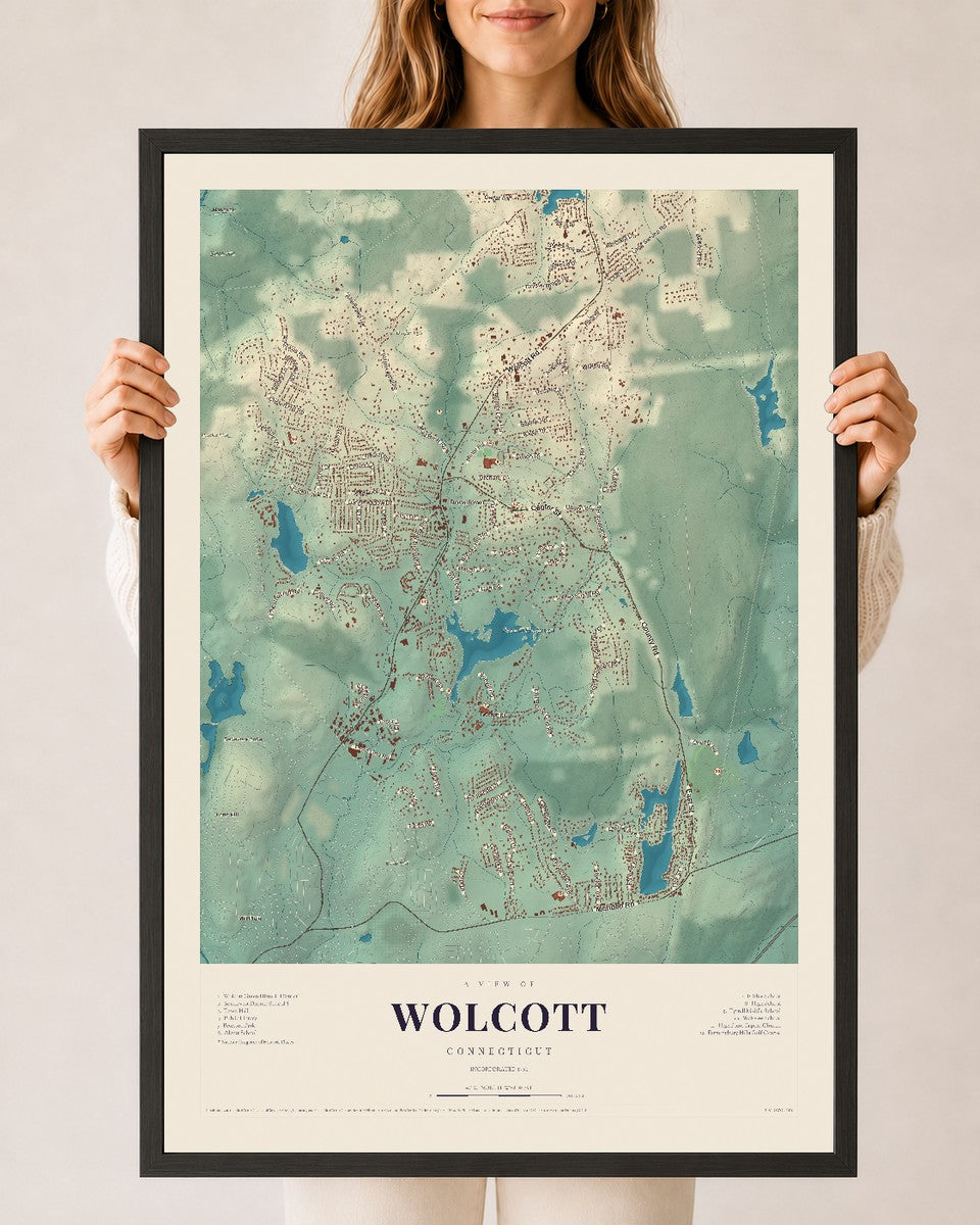 Wolcott, Connecticut map print, 24" x 36", W/ Black Ayous Wood Frame